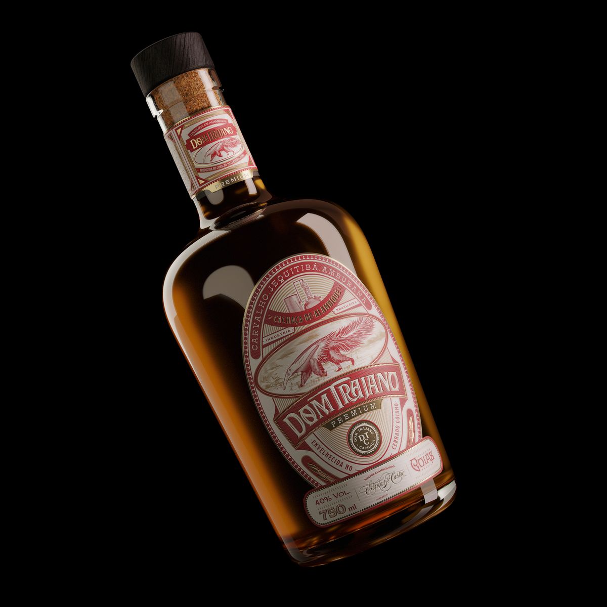 Rótulo clássico da Cachaça Dom Trajano com o tamanduá-bandeira