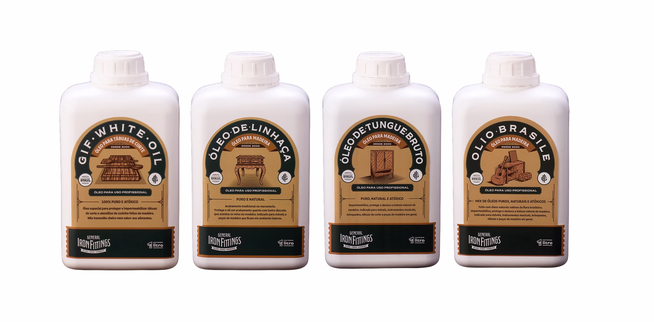 Linha de óleos para madeira da General Iron Fittings: GIF White Oil, Óleo de Linhaça, Óleo de Tungue Bruto e Olio Brasile