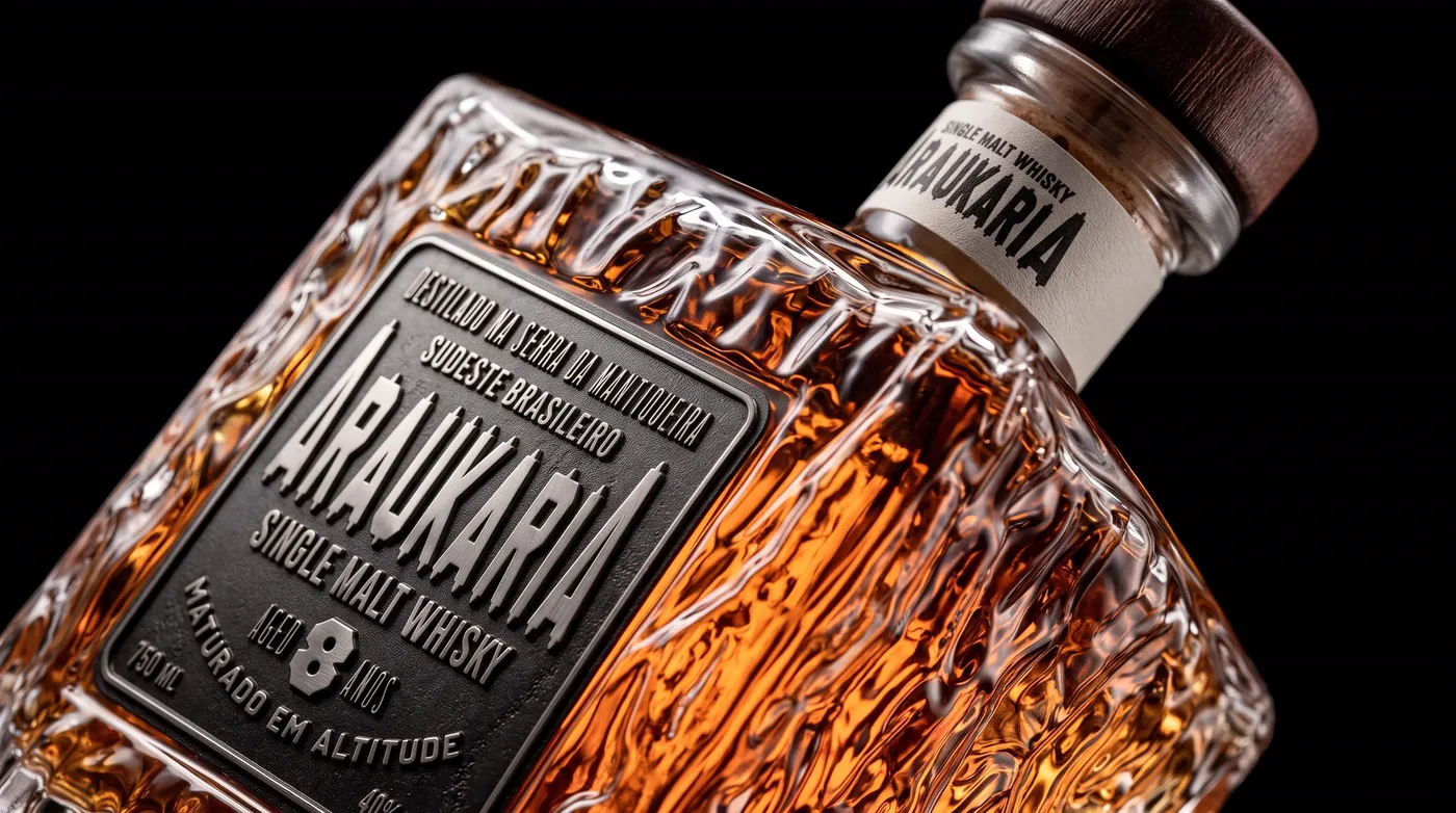 Araukaria single malt whisky bottle with metal label designed by Victor Tognollo